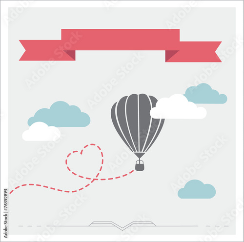Retro vector card with aerostat flying in the clouds