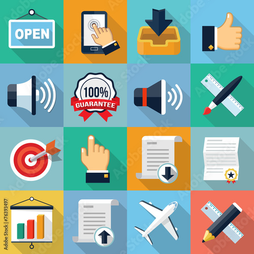 Square flat icons with long shadow, set 8