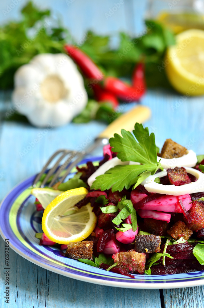 Beetroot salad with calamari and rye garlic croutons. Beetroot salad with calamari and rye garlic croutons.