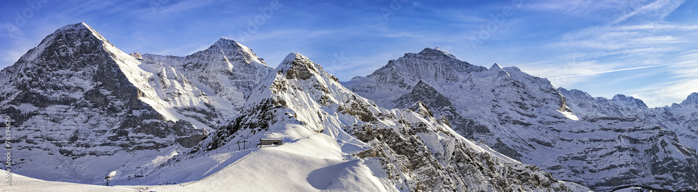 Four alpine peaks and skiing resort in swiss alps - obrazy, fototapety, plakaty 