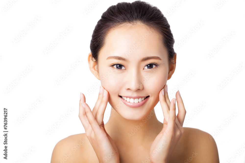 closeup smiling young woman face isolated on white closeup smiling young woman face isolated on white