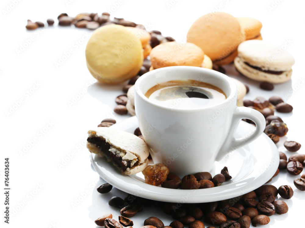 Gentle colorful macaroons and black coffee in mug isolated Gentle colorful macaroons and black coffee in mug isolated