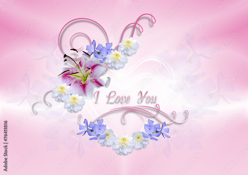 Hearts covered with white lily with flowers and curls Hearts covered with white lily with flowers and curls