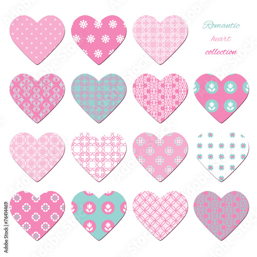 Cute textile hearts set isolated on white.