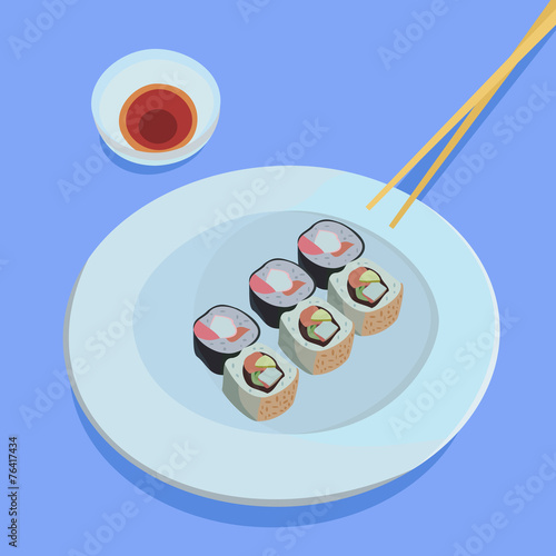 A plate of sushi rolls with soy sauce