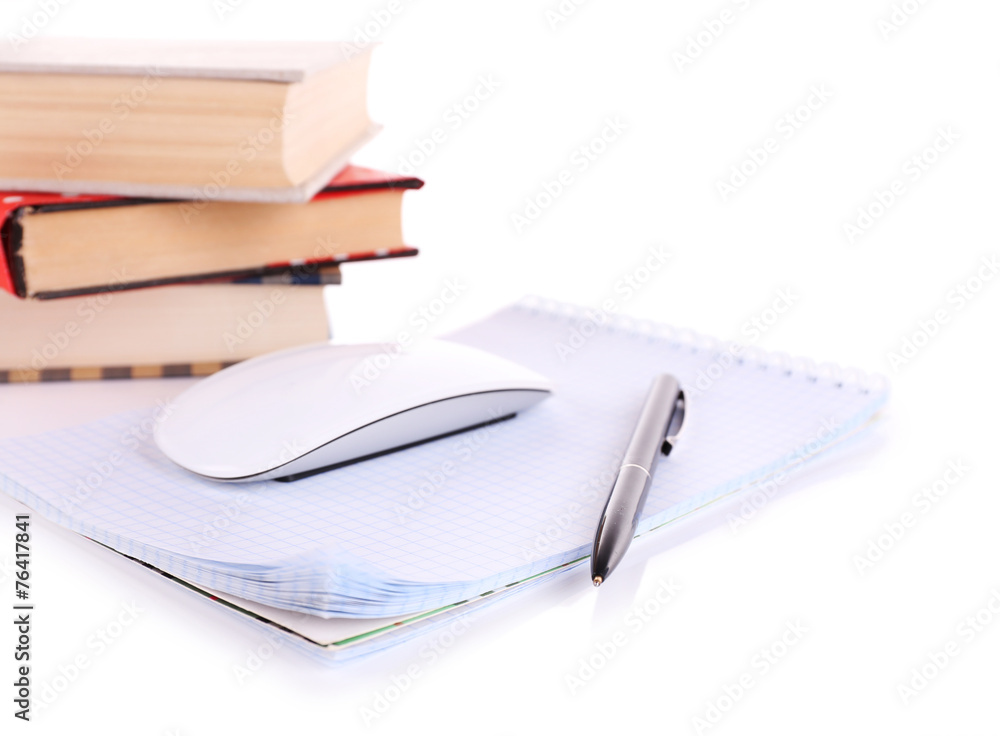 Pile of books and computer mouse isolated on white Pile of books and computer mouse isolated on white