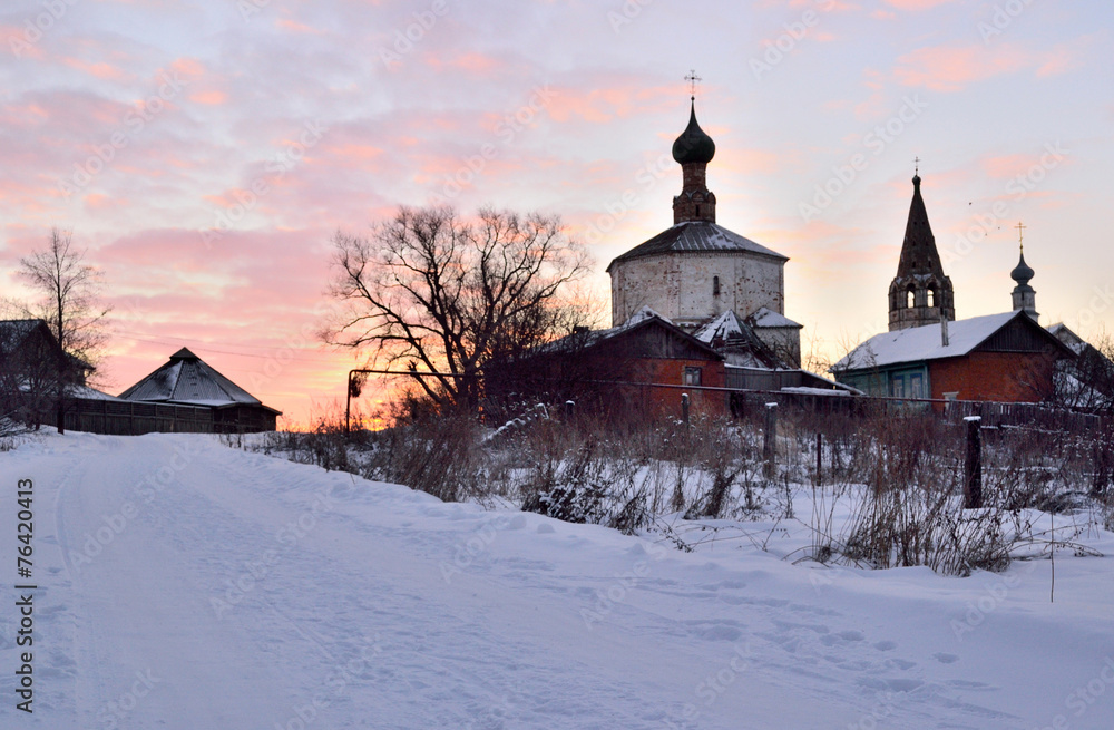 Cosmas and Damian Church in Suzdal during sunset Russia