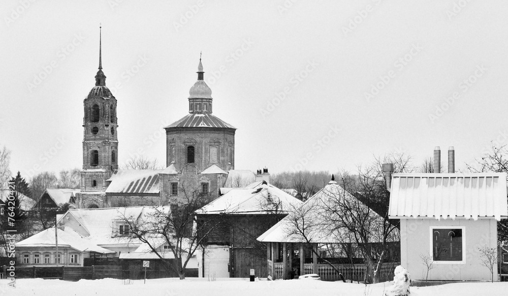 Russian village outskirts black and white