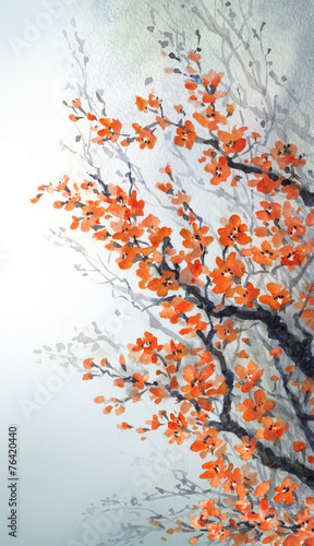 Watercolor painting. Branches of blossoms cherry