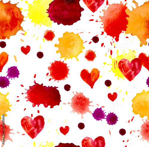 Watercolor colorful blot and heart, seamless pattern