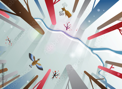 Spring forest landscape from above. Trees, deer and flying bird.