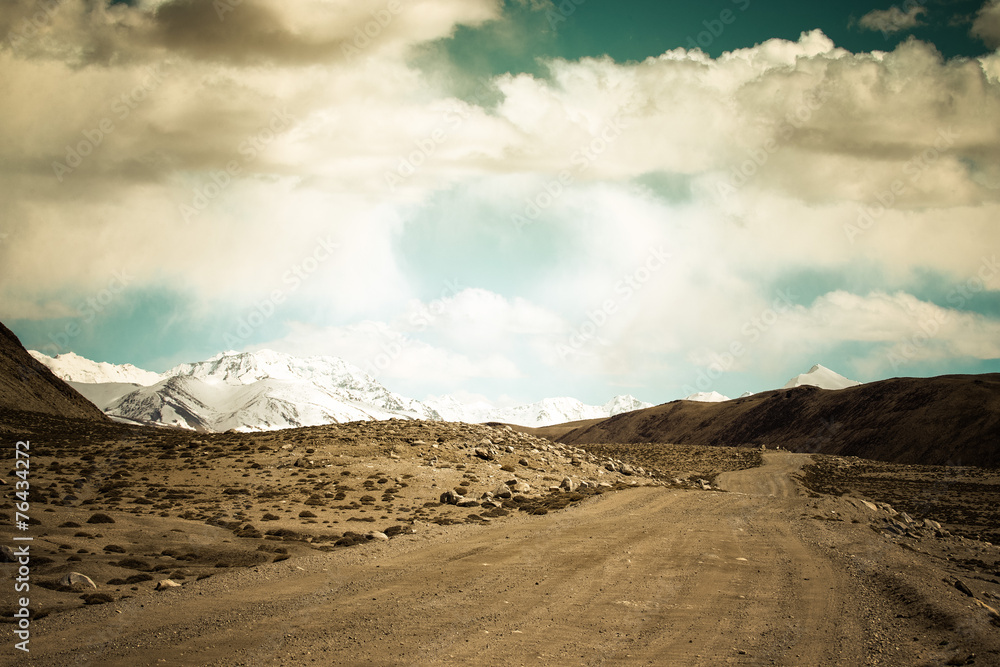 Tajikistan. Pamir highway. Road to the clouds. Toned