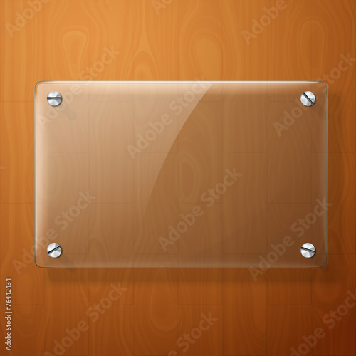 Vector glass plate for your signs, on wooden background.