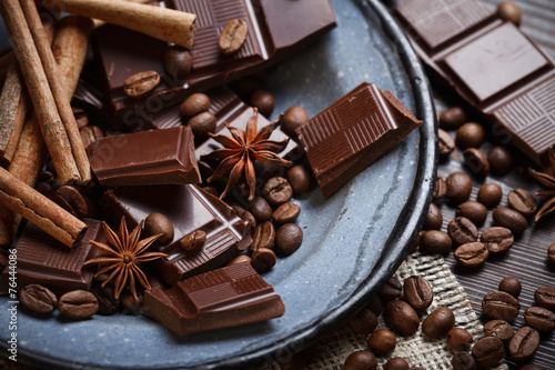 Old plate with chocolate and spices