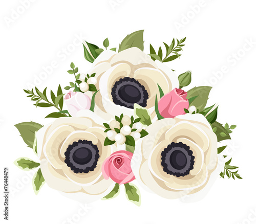 Fototapeta Naklejka Na Ścianę i Meble -  Bouquet of white anemone flowers and pink rosebuds. Vector.