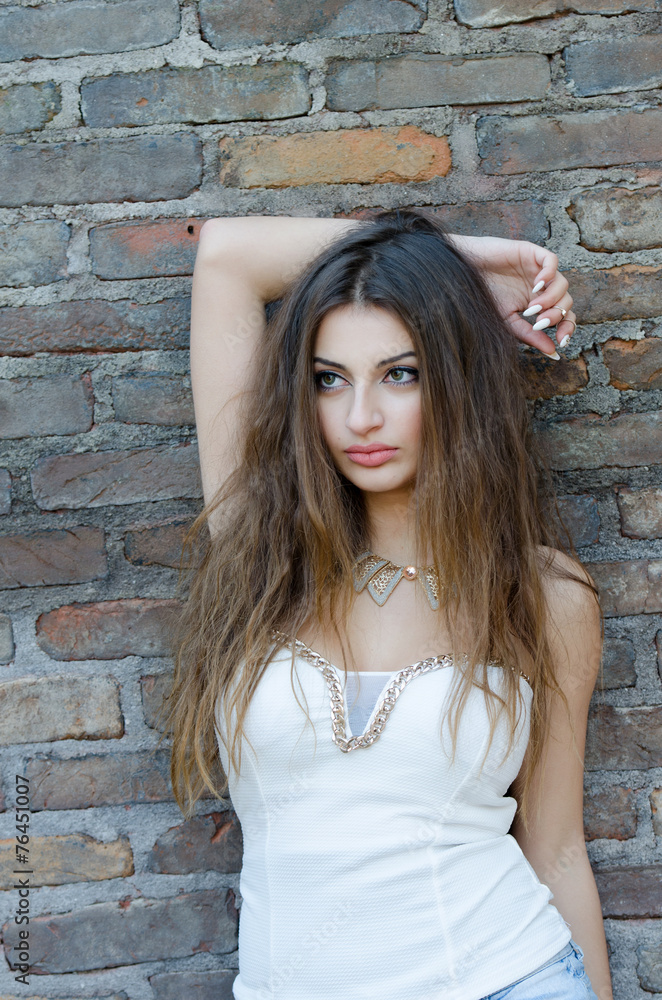 Long hair lady against brick wall Long hair lady against brick wall