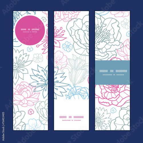 Vector gray and pink lineart florals vertical banners set
