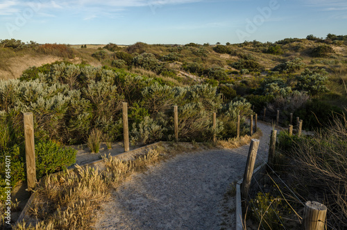 Fenced walkway through dunes
