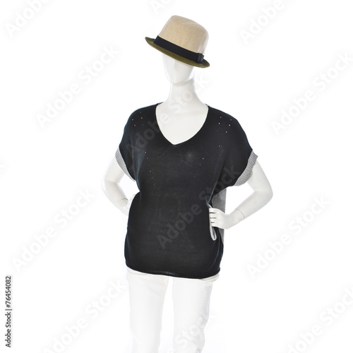 female black shirt clothing in hat on mannequin