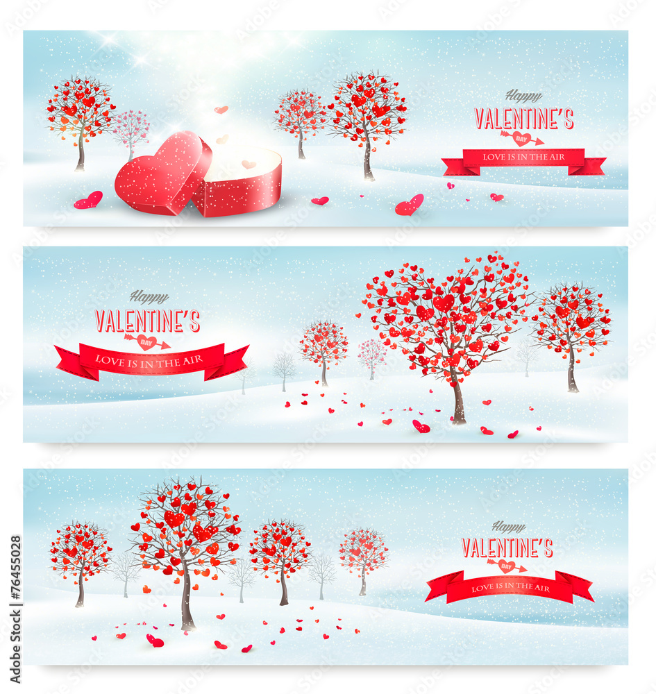 Holiday retro banners. Valentine trees with heart-shaped leaves. - obrazy, fototapety, plakaty 