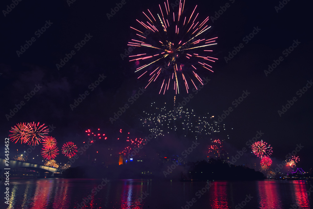 Festival with fireworks in Brisbane City, Queensland, Australia Festival with fireworks in Brisbane City, Queensland, Australia