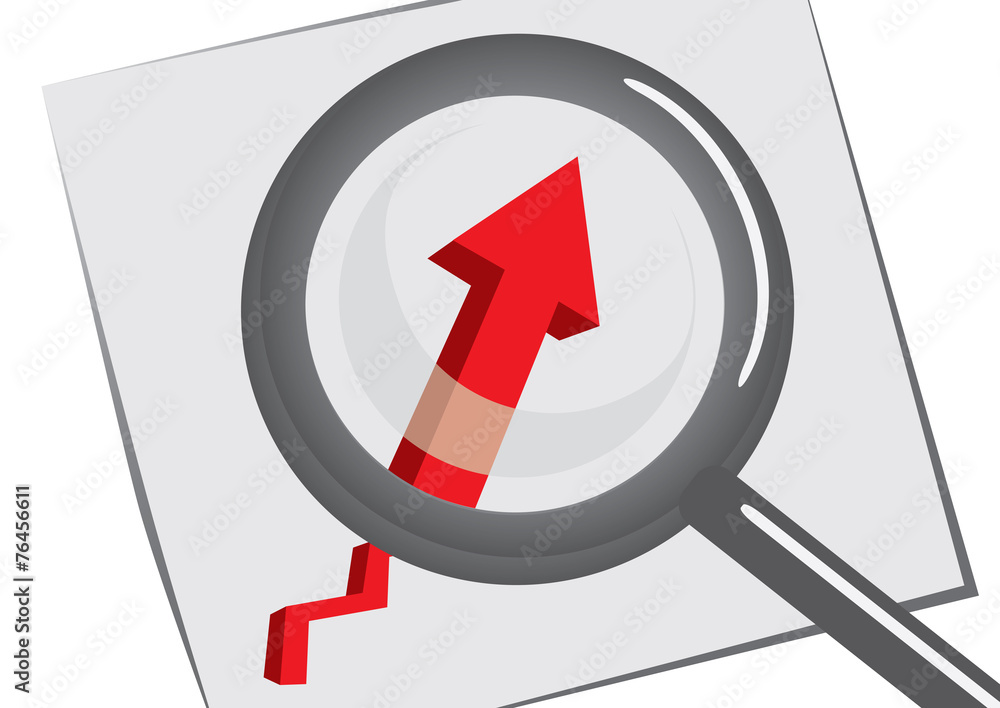 Magnifying glass Looking at Up Arrow on Paper Magnifying glass Looking at Up Arrow on Paper