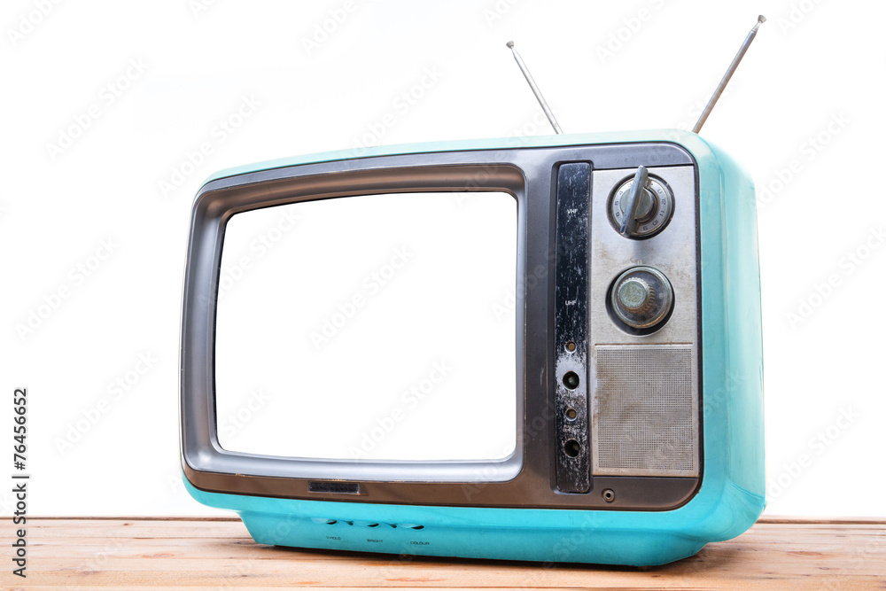 Obraz premium Blue Vintage TV on wood table