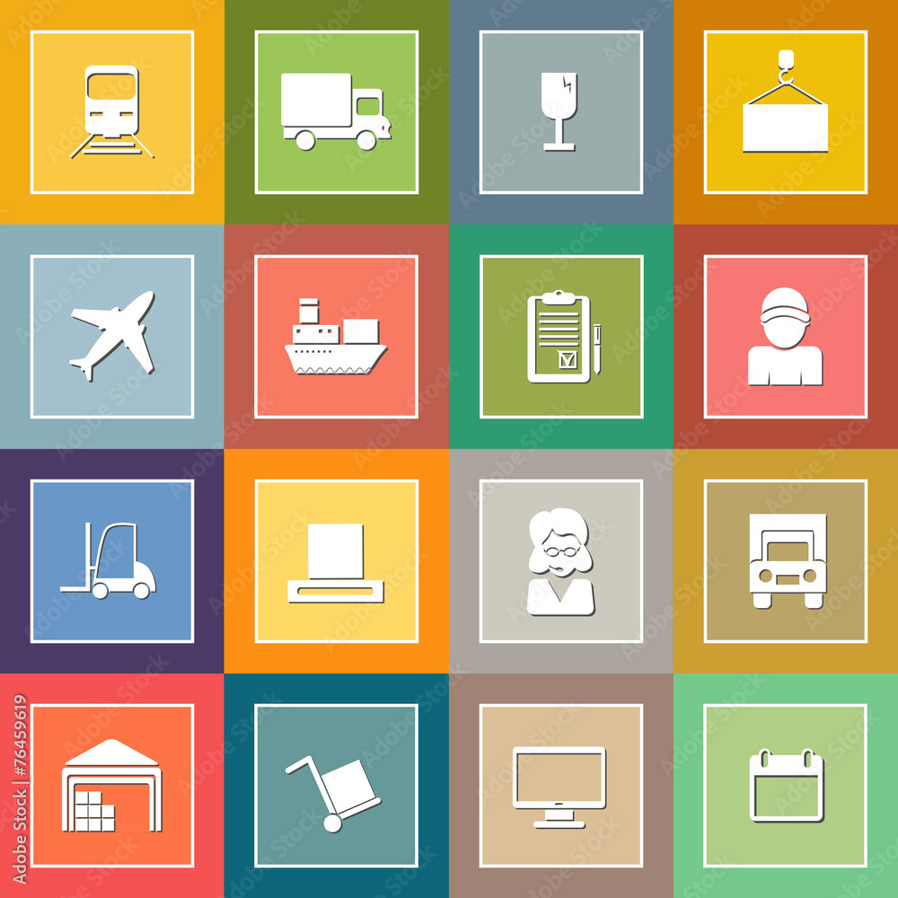 Warehouse transportation and delivery icons flat set Warehouse transportation and delivery icons flat set