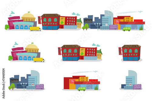 City cartoon architecture of buildings houses