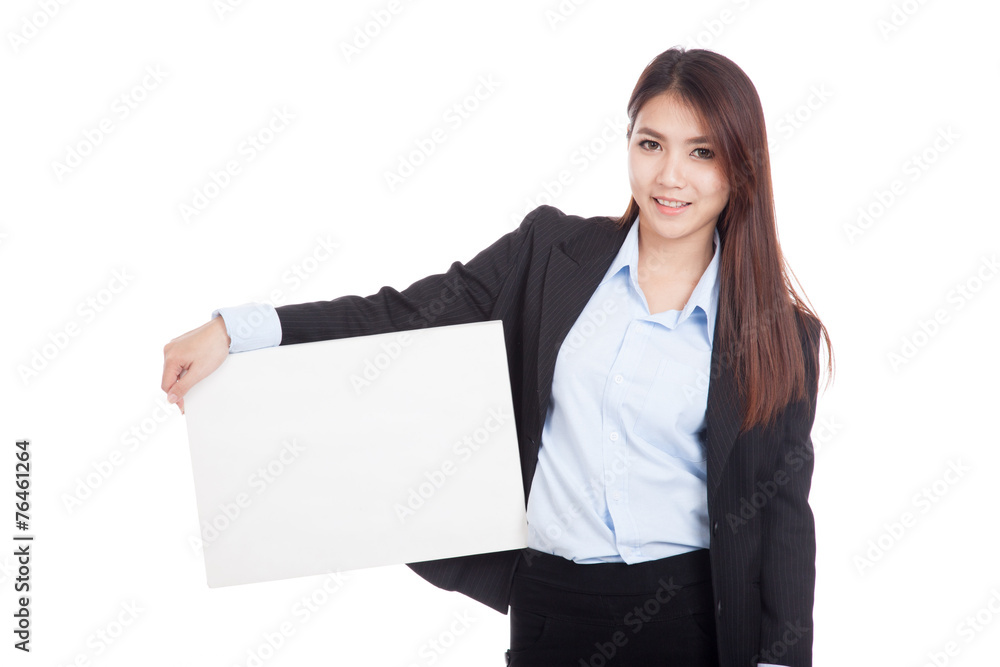 Young Asian businesswoman smile show blank sign Young Asian businesswoman smile show blank sign