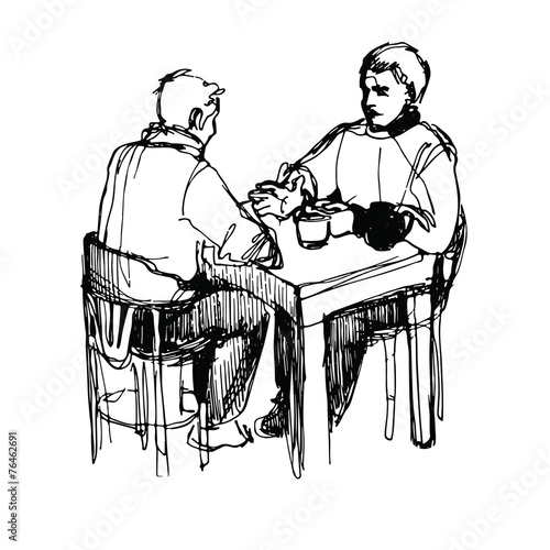 a sketch of a man conversing over dinner at a table in a restaur