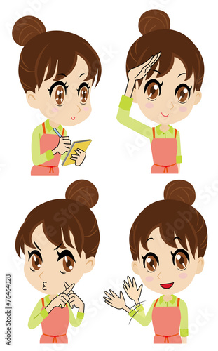 報告をするエプロンの若い女性セット