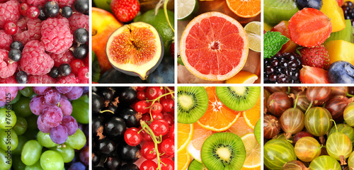 Fruits and berries in colorful collage