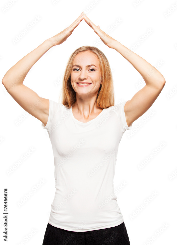 Happy woman made a roof over your head Happy woman made a roof over your head