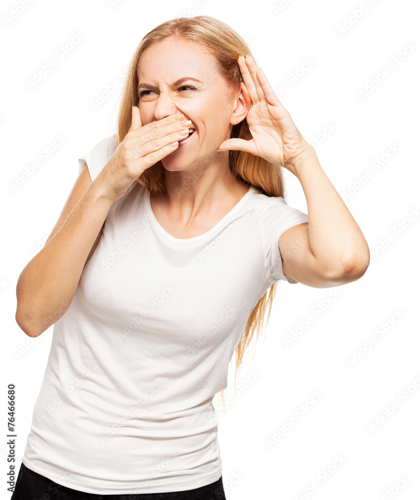 Laughing woman eavesdropping Laughing woman eavesdropping