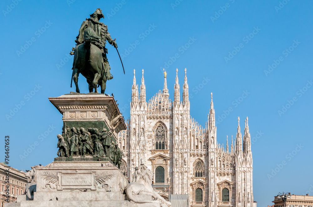 Milan Cathedral Dome facade with statue of Vittorio Emanuele II