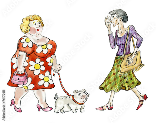 Fototapeta Naklejka Na Ścianę i Meble -  Fat woman walking fat dog