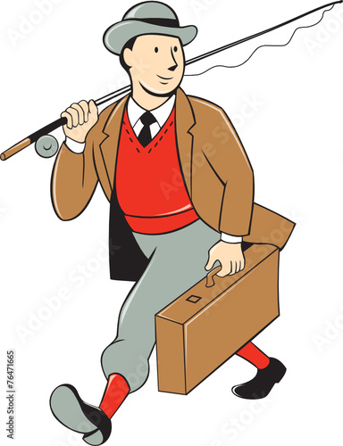 Vintage Tourist Fly Fisherman Luggage Cartoon