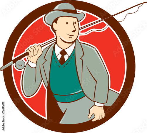 Vintage Fly Fisherman Bowler Hat Cartoon