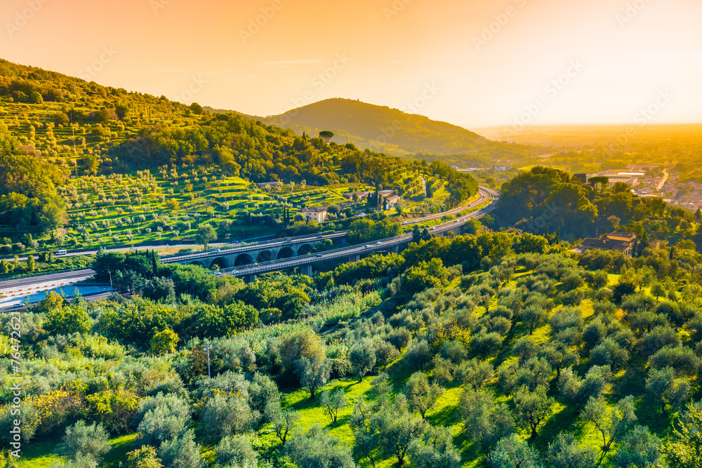 Tuscany panoramic landscape.Tuscany motorway, Italy.