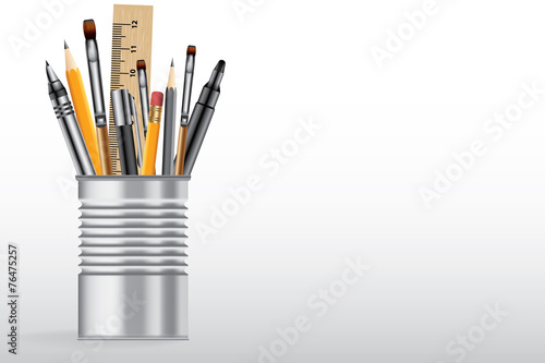 School supplies in tin can vector background