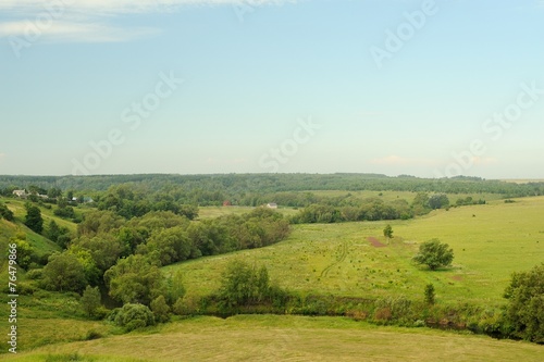 Green meadows near small river with blue sky and forest © alexeyborodin