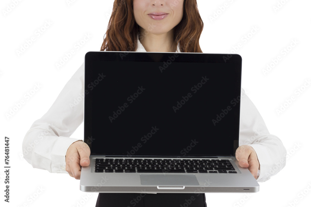 Business woman presenting laptop with copy space Business woman presenting laptop with copy space