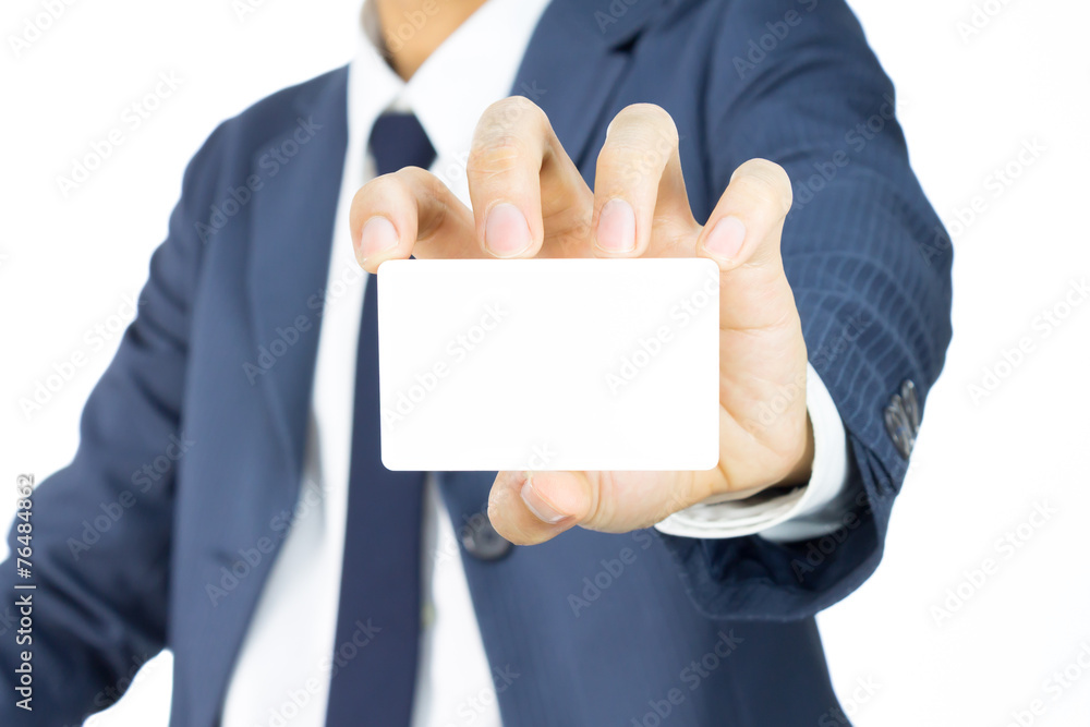 Businessman Hold Business Card or White Card Isolated on White B Businessman Hold Business Card or White Card Isolated on White B