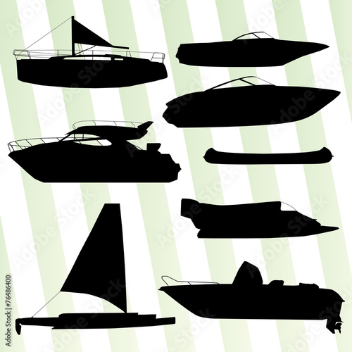 Yachts, boast silhouettes set vector background