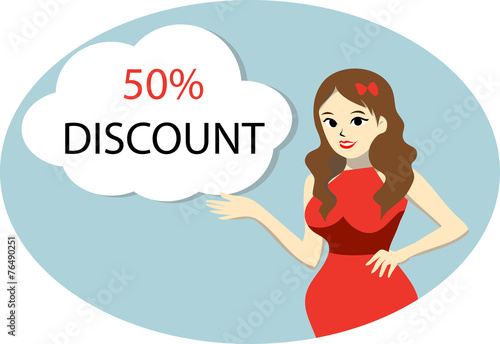 Pretty woman presenting the discount with speech bubble