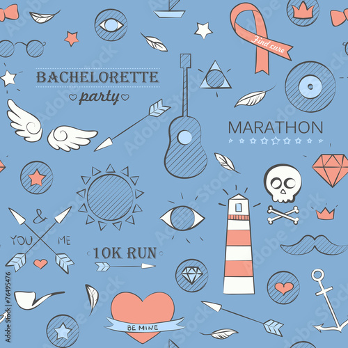 Doodle seamless hipster pattern over blue