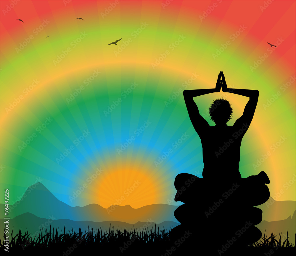 silhouette maschile che medita in paesaggio surreale