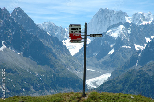 Signs on trail nearby Chamonix in Alps in France