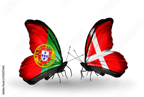 Two butterflies with flags Portugal and Denmark